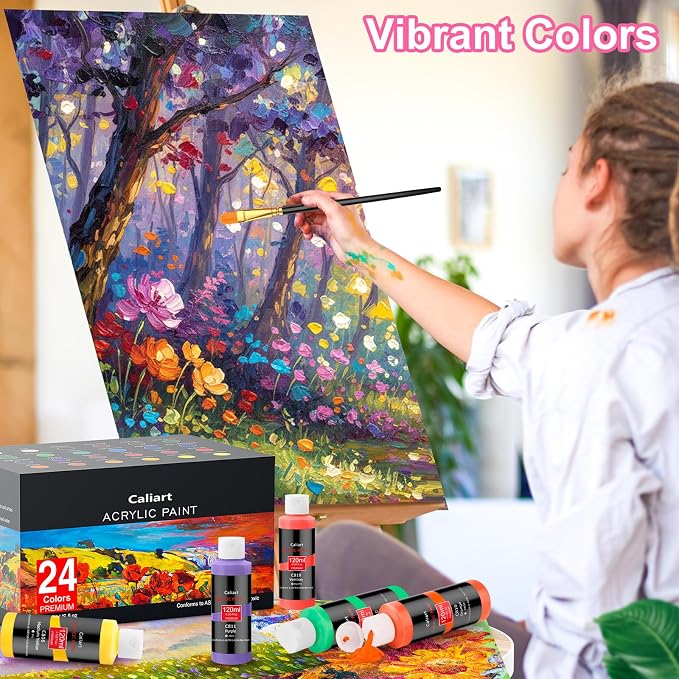 Caliart 24 Colors Acrylic Paint Set Large Bottles 4oz with 12 Brushes | Craft Painting kit for Adults Artists Beginners, Rich Pigment Non-toxic, Canvas Wood Rock Pumpkin Ceramic Art Supplies Paint