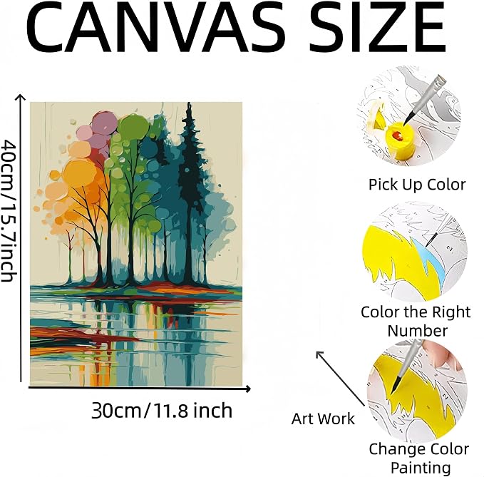 DOTSTART Paint by Numbers Kit for Adults,Rainbow Trees Paint by Number Kits | Paint on Canvas,Lake Painting by Numbers Easy Oil Painting,for Home Wall Decor 11.8X15.7 inches