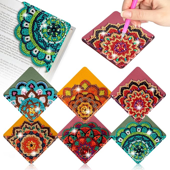 WIVICO 6Pcs Diamond Painting Bookmarks, Diamond Pearl Art Kits for Adults | DIY Diamond Dots Paint By Numbers Kit,Gifts for Book Lovers(Mandala Flower)