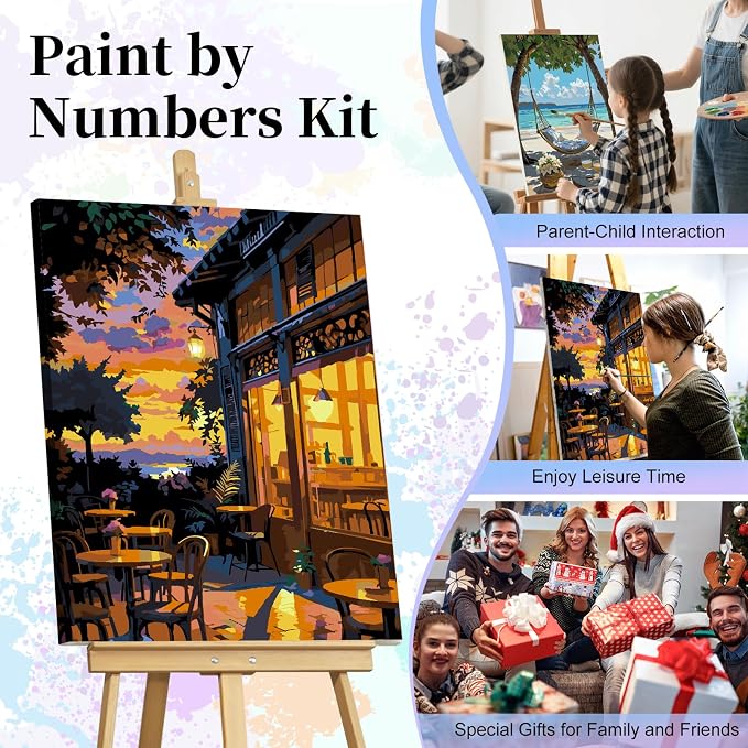 Paint by Numbers Kit for Adults, Sunset Café Number Painting Canvas Kit | DIY Acrylic Painting Set for Beginners, Stress Relief Relaxing Craft, Home Wall Decor, Holiday Gift for Adults, 16x20 Inch