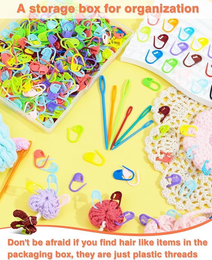 FIVEIZERO 300pcs Stitch Markers for Crocheting & 6pcs Blunt Sewing Needles | Mix Random Color Knitting Markers;Reusable Bulk Plastic Crochet Hook Clip for Knitting,Weaving,Crocheting,Art,Craft Projects