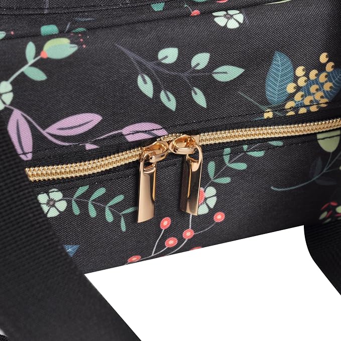 Portable Square Cross Stitch Starter Kits Bag Embroidery Project Bag Embroidery Tool Storage Tote Bag with Multifunctional Pockets, Bag Only (Black Leaves)