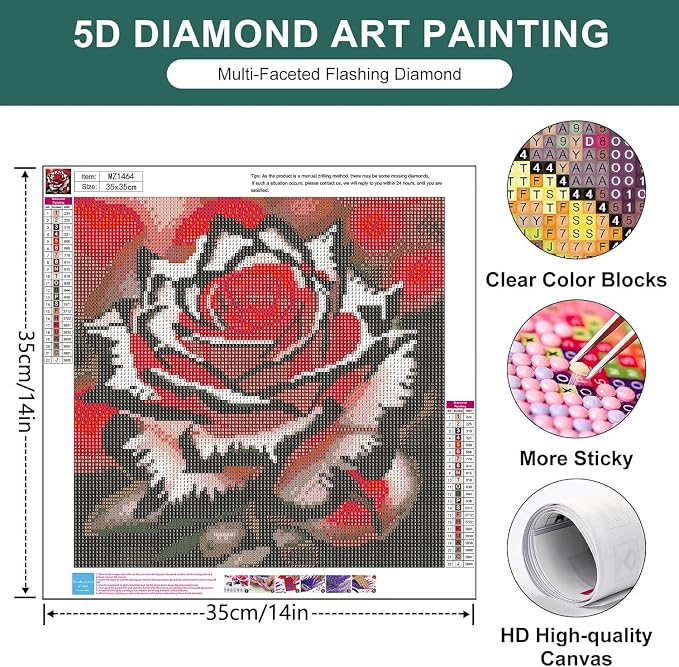 mrpwnle Diamond Art Kits for Adults, Red Rose Diamond Painting Kits | White Rose Diamond Art Painting Kits for Adults, Flowers Diamond Dots, DIY Round Full Drill Gem Art, Home Decor 13.8x13.8 in
