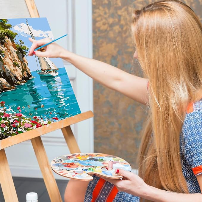 Mrnsiet Sailboat DIY Paint by Numbers for Adults, Coastal Sail Boat Paint by Number for Beginners, DIY Landscape Painting by Number Kits Oil Paint Drawing Canvas Home Decor 16x20 Inch