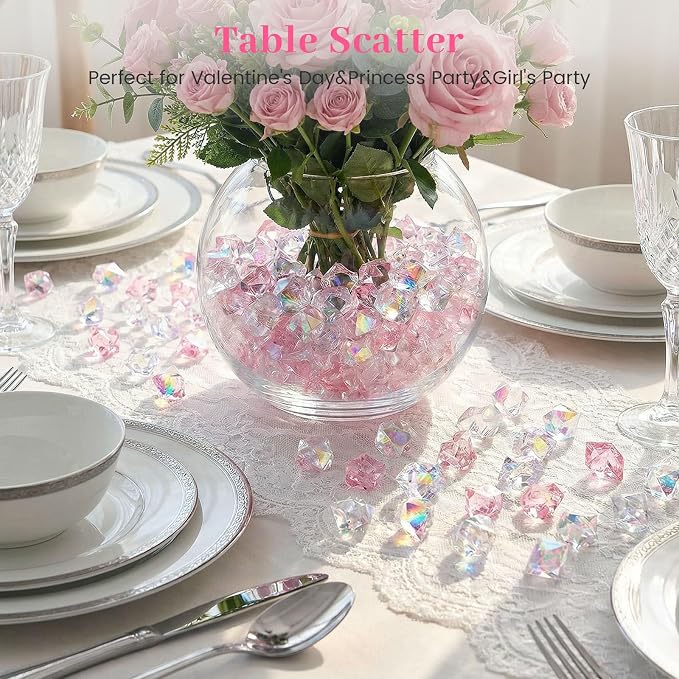 DOMESTAR 150 PCS Iridescent Fake Ice Rocks, Pink and Clear Acrylic Crystals