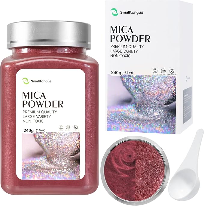 Mica Powder, Maroon, 240g with Scoop, Complies with ASTM D-4236 | For Epoxy Resin, Soap, Bath Bomb, Candle| Safety Material| Odorless| Brilliant Colors