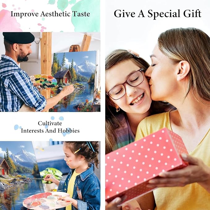 Paint by Numbers Kit for Adults, Landscape Mountain Paint by Numbers Kits | Lakeside Cabin Adult Paint by Number Kits on Canvas,DIY Acrylic Oil Easy Mountain Painting by Numbers for Home Decor 16X20 in