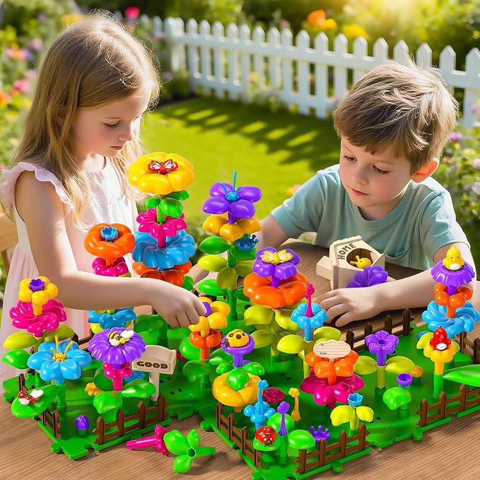112 Pcs Flower Garden Toy, Toddler Girl Toys 3-4 Years Old Girls Gardening Building Gifts Set Best Educational Learning Fine DIY Crafts Stem Construction Stacking Kit for 3 4 5 6 7 Year Kids Birthday