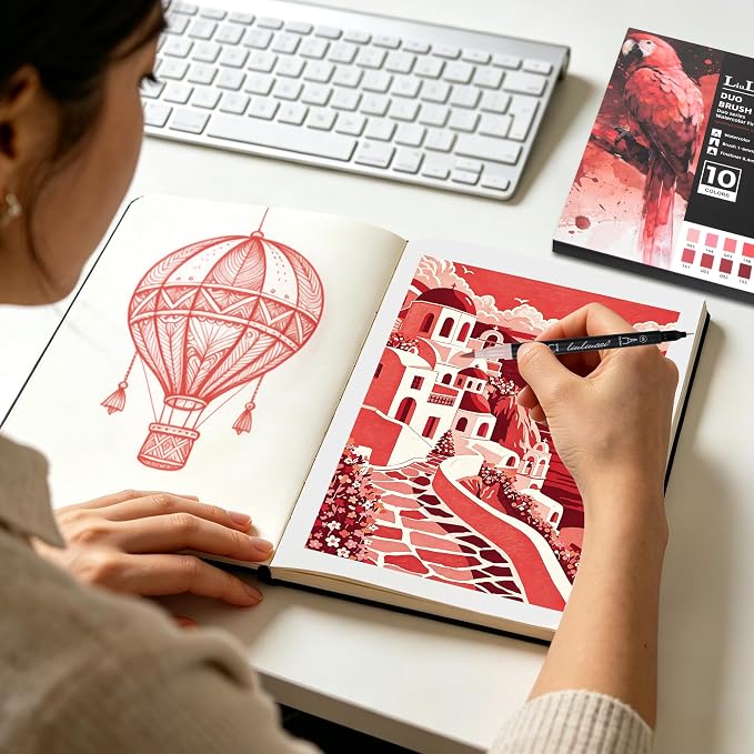 LIULIUCAI 10 Red Dual Markers, Fine & Brush Tip Pen for Adult Coloring