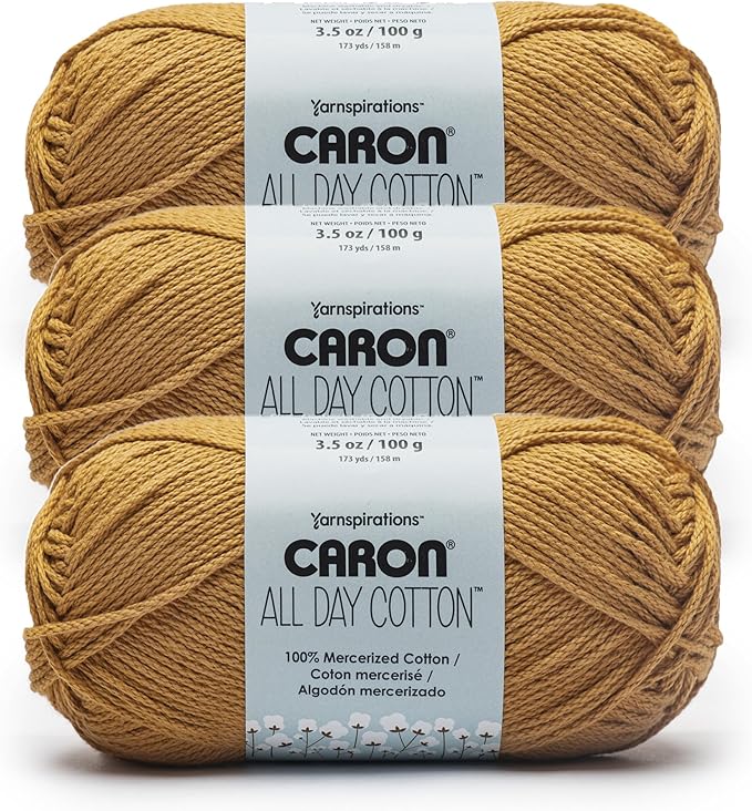 Caron All Day Cotton Yarn for Crocheting, Golden, 3-Pack | #4 Worsted Yarn, 100% Mercerized Cotton, Soft Crochet Yarn for Knitting, Amigurumi & Crafts, 173yds, 100g/3.5oz per skein