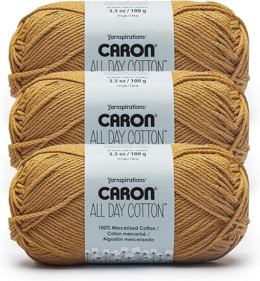 Caron All Day Cotton Yarn for Crocheting, Golden, 3-Pack | #4 Worsted Yarn, 100% Mercerized Cotton, Soft Crochet Yarn for Knitting, Amigurumi & Crafts, 173yds, 100g/3.5oz per skein