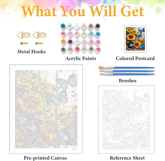 Paint by Numbers Kit for Adults, Sunflower & Butterfly Design, 16x20 Inch