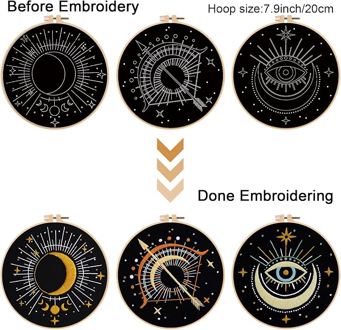 Louise Maelys 3 Pack Celestial Tarot Embroidery Kit Moon Evil Eye | Create Mystic Decor with Cross Stitch Kits. Complete Needlepoint Kit for Beginners Featuring Celestial and Tarot Patterns