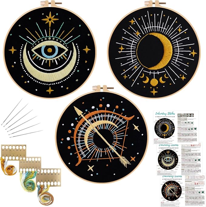 Louise Maelys 3 Pack Celestial Tarot Embroidery Kit Moon Evil Eye | Create Mystic Decor with Cross Stitch Kits. Complete Needlepoint Kit for Beginners Featuring Celestial and Tarot Patterns
