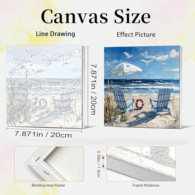 Clendo 4 Pack Beach Paint by Numbers Kit for Adults Beginners Framed - DIY Coast Adults Paint by Numbers Kits on Canvas, Small Easy Acrylic Oil Painting for Home Wall Decor (8 x 8 Inch)