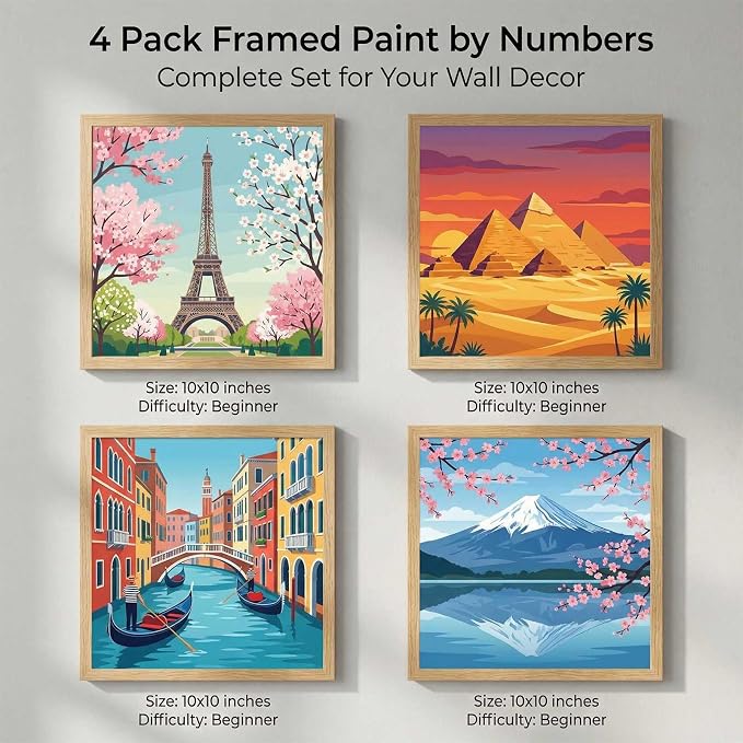 Amphol Framed Paint by Numbers Kit for Adults, Landmarks 4 Pack Paint by Number Kit for Beginners wtih Frame, DIY Landscape Oil Painting Arts on 10”x10” Framed Canvas, Great Home Wall Decor Gift