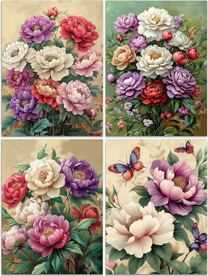 DOZEEZOP 4-Pack Diamond Art Kit for Adults, 5D Diamond Painting 12x16 Inch | Flowers pictures, Full Round Drills, Home Wall & Shelf Decor, Beginner-Friendly DIY Craft, Stress Relief, All-Occasion Gift
