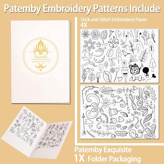 Patemby Embroidery Pattern Water Soluble Embroidery Stabilizers, Stick and Stitch Embroidery Paper Wash Away with Pre-Printed Pattern Designs Stencils Transfers for Hand Sewing Lover Beginner