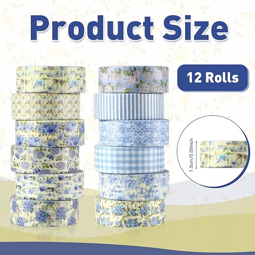12 Roll Floral Washi Tape Set Flower Decorative Masking Tape for Scrapbook | Blue Hydrangea Washi Tape Set for Back to School Arts DIY Craft Scrapbook Journal Supplies Gifts