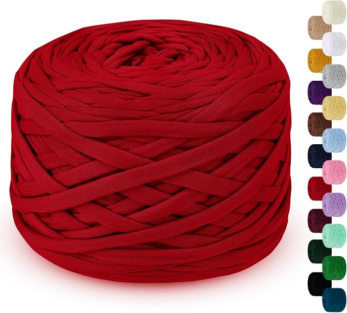 285g T Shirt Yarn for Crocheting 109 Yards Elastic Ribbon Thick Crochet Fabric Knitting T-Shirt Yarn for Crochet Bag, Blanket, Basket, DIY Projects, Home Decor (Red)