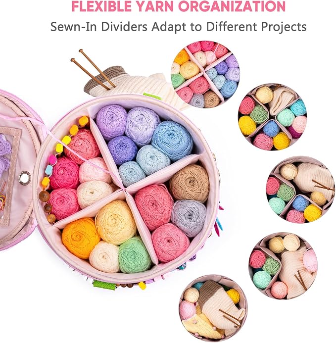 Canvas Yarn Storage Organizer with Removable Dividers, Crochet&Knitting Bag | Expandable canvas yarn organizer with removable dividers, yarn feed holes, project storage and multiple tool pockets