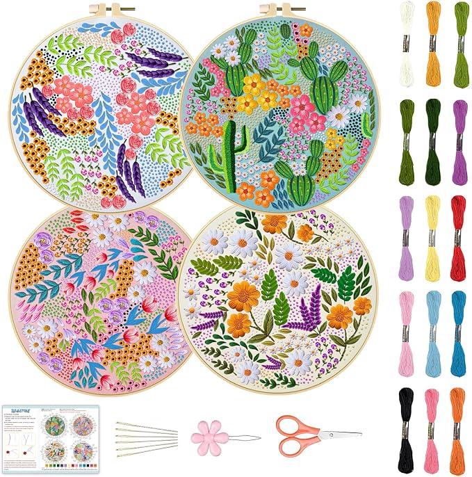 BEUNITONE 4 Set Covered Flower Embroidery Kit for Beginners 7.9"x7.9" | DIY Complete Needlepoint Kits for Adults, Cross Stitch Starter Kit with Hoops, Handmade Needlework for Gifts and Home Decor
