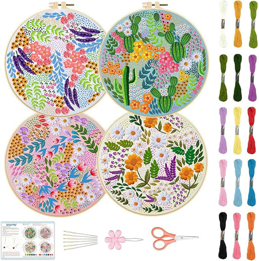 BEUNITONE 4 Set Covered Flower Embroidery Kit for Beginners 7.9"x7.9" | DIY Complete Needlepoint Kits for Adults, Cross Stitch Starter Kit with Hoops, Handmade Needlework for Gifts and Home Decor