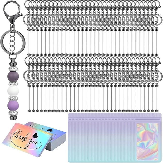 42/84/126 Pcs Beadable Keychain Bars Bulk Blank DIY Beaded Keychain Making Supplies with Bag Thank You Card