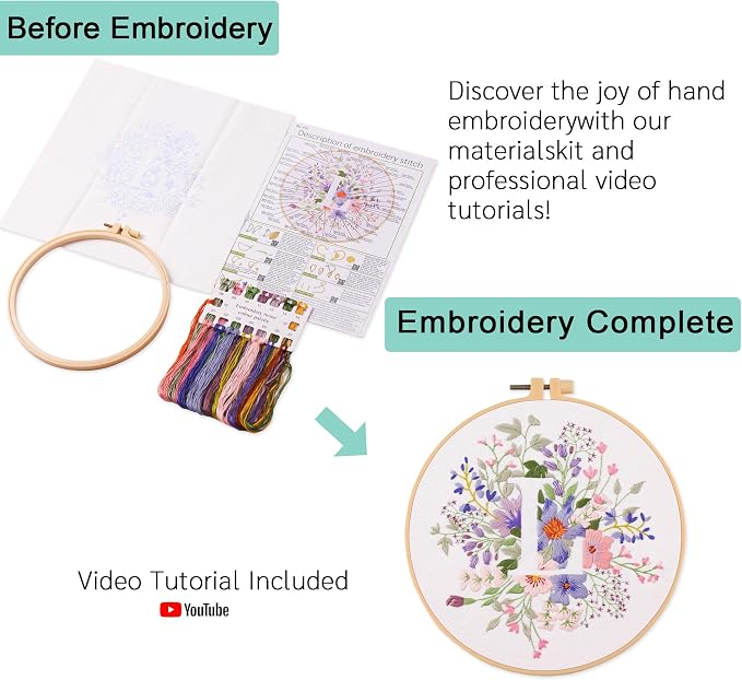 Harimau Letter L Pattern Embroidery Kit for Adult Beginners, Complete Starter Pack with 1 Hoop, Needles, Instruction Guide & Embroidery Stitch Video Tutorials