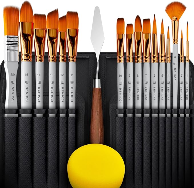 Acrylic Paint Brush Set of 16, Artist Paint Brushes for Acrylic Painting | Organizing Case, Spatula Palette Knife and Sponge Included, Ready for Watercolor and Oil, for Adults and for Beginners