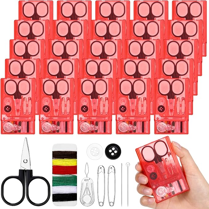 Knitgrip 25 Boxes Mini Travel Sewing Kit Quick Fix Sewing Kits Bulk, Red