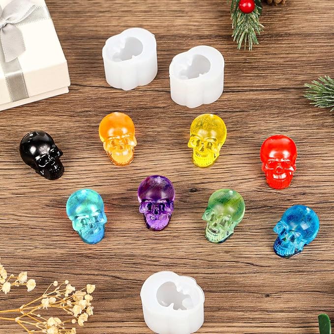 8 Pcs Skull Silicone Molds, 3D Skull Resin Molds with Key Ring Accessory, Halloween Skeleton Head Candle Mold for DIY Keychain, Bracelet, Pendant, Halloween Decor