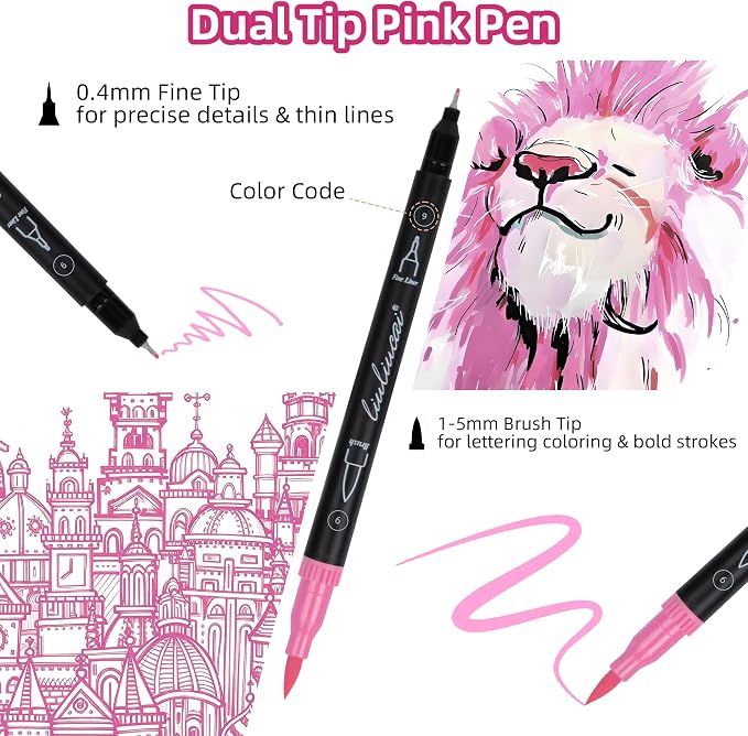 LIULIUCAI 10 Pink Dual Markers, Fine & Brush Tip Pen for Adult Coloring