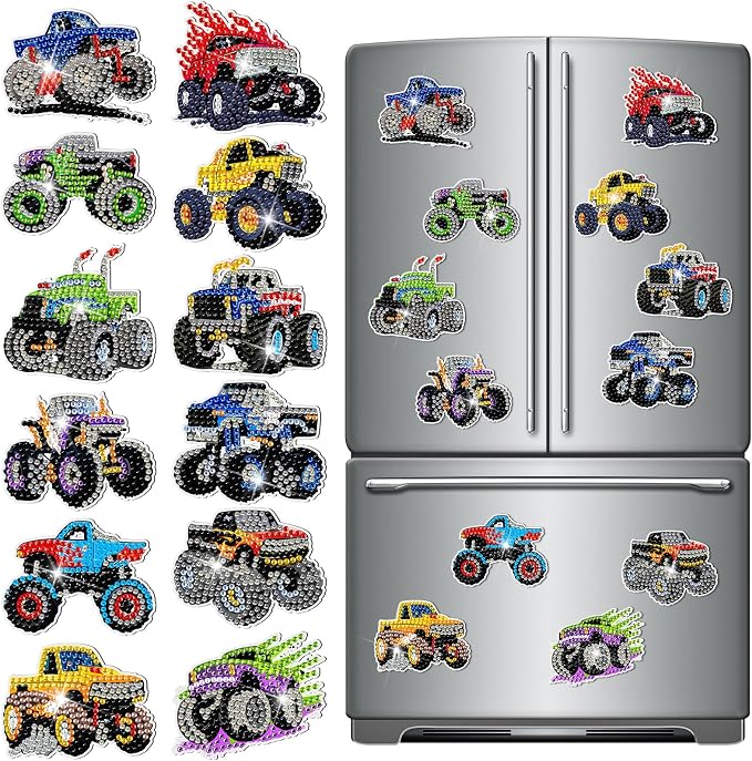 Zonon 12 Pcs Truck Diamond Art Magnets, Diamond Painting Kits Fridge | Easy Truck Theme Kits for Kids Boys, Colorful Designs for Fridge Home Decor, Creative Magnetic Stickers Gift Ideas