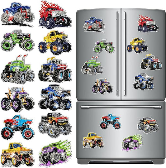 Zonon 12 Pcs Truck Diamond Art Magnets, Diamond Painting Kits Fridge | Easy Truck Theme Kits for Kids Boys, Colorful Designs for Fridge Home Decor, Creative Magnetic Stickers Gift Ideas