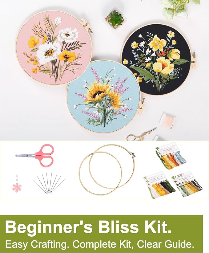 Santune 3 Pack Flower Embroidery Kit for Beginners Adults Cross Stitch Needlepoint Kits Hand Craft with Plant Patterns,3 Instructions,1 Hoop,Threads and 6 Needles