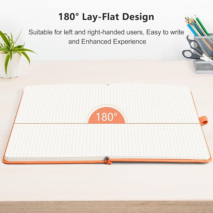 RETTACY Graph Grid Paper Notebook, 192 Pages, A5 Size (5.7'' x 8.3'') | 5 Squares per Inch, Leather Hardcover, 100 GSM Thick Paper, for School, Students, Math, Engineering (Orange)