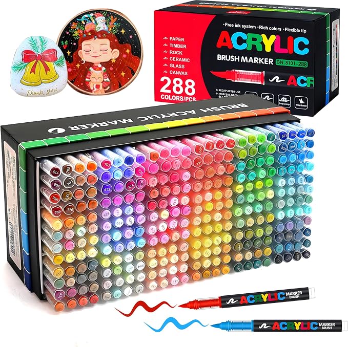 Amamao 288 Colors Acrylic Paint Markers, Brush Tip Pens for Rock & Wood