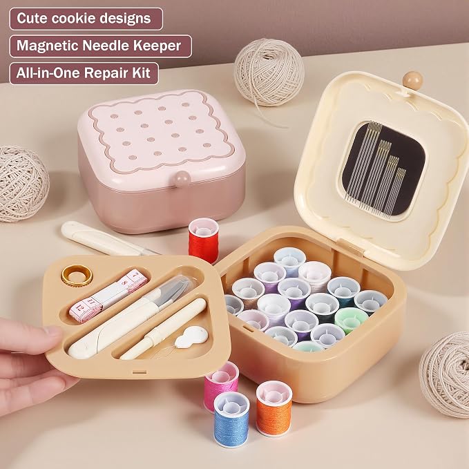 LOTOFUN Small Sewing Kit Box: Cookie Design Portable 2-Layer Organizer Magnetic Needle and Thread Kits Holder Basic Case - Travel Emergency Clothes Repair for Adults (Beige)