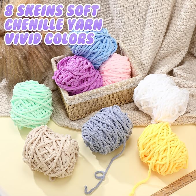 Buryeah 8 Pack Chunky Chenille Yarn for Crocheting, Vivid Colors