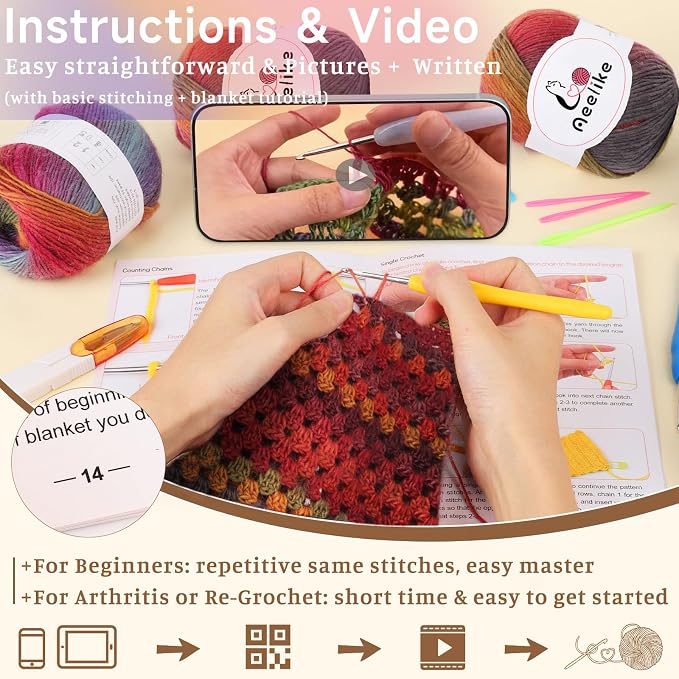 Aeelike Crochet Blanket Kit for Adults Advanced,Ombre Red Vintage Craft Kit