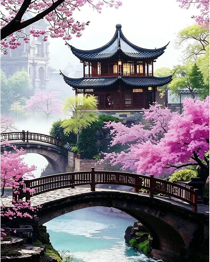 Cherry Blossom Paint by Numbers Kit for Adults with 32 Colors 16x20inch | Cherry Blossom Paint by Number Adult, Japanese Scenery Painting by Numbers for Adults, Expert Level DIY Acrylic Paint Kit
