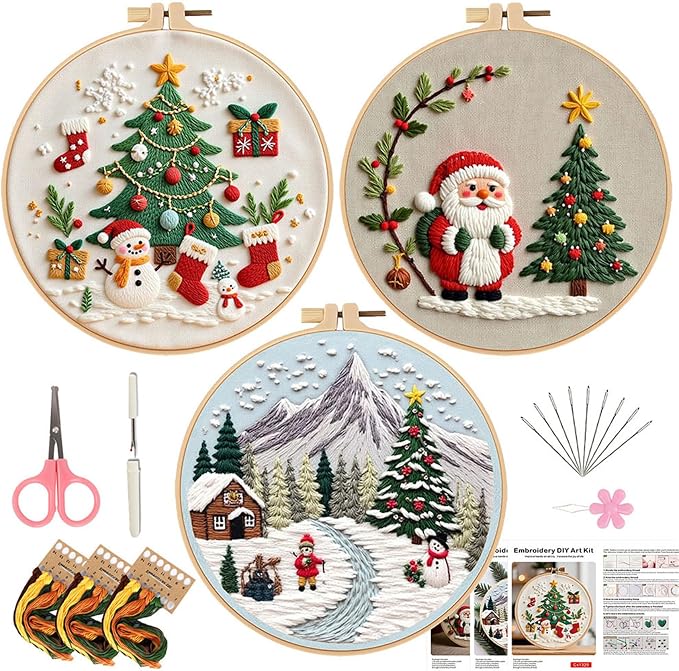 LB Red Christmas Embroidery Kit for Beginners Adults, 3 Sets Hand Embroidery Starter Kit with Santa Pattern and Instructions Stamped Cross Stitch Kits Include Embroidery Hoop Needles Threads Scissors