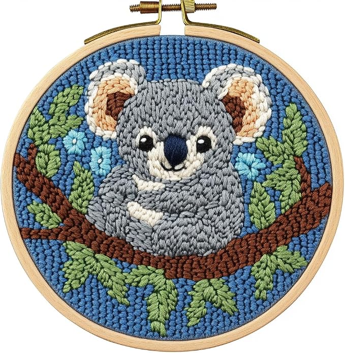 DIY Punch Needle Kits Cute Cartoon Koala Portrait with Hoop 20x20cm-3 | with Pattern Stamped Easy for Beginners Embroidery Punch Needle Starter Craft Set for Adults Festival Gift and Decoration