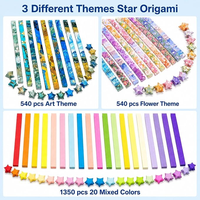 2430 Sheets Stars Paper Strips, 3 Packs Double Side Origami Star Paper, Lucky Star Strips , Star Origami Paper for DIY / Hand Crafts (Flowers)