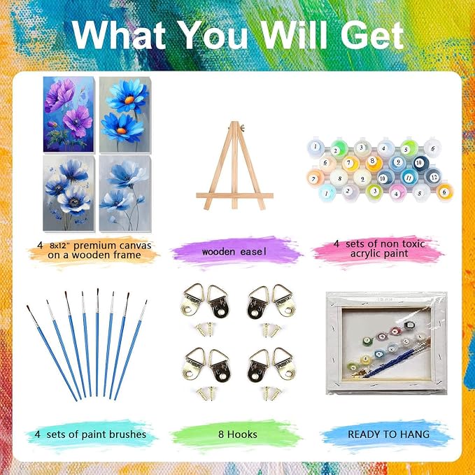 4 Pack Flower Paint by Numbers for Adults with Framed Canvas - Wooden Easel | Easy Flower Paint by Number for Beginners, Flowers Acrylic Oil Painting on Canvas with Brushes for Home Wall Decor 8x12 inch