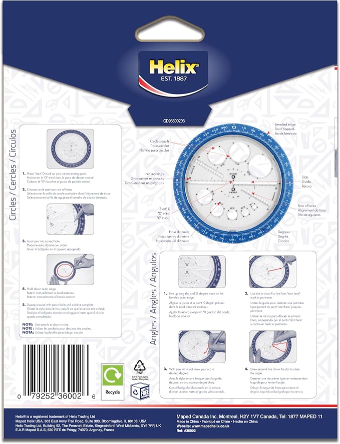 Helix Angle and Circle Maker with Integrated Circle Templates, 360 Degree, 6 Inch / 15cm, Assorted Colors (36002) | Integrated Templates - Geometry and Math Tool - Ideal School Supplies for Students - Precise Drafting and Drawing