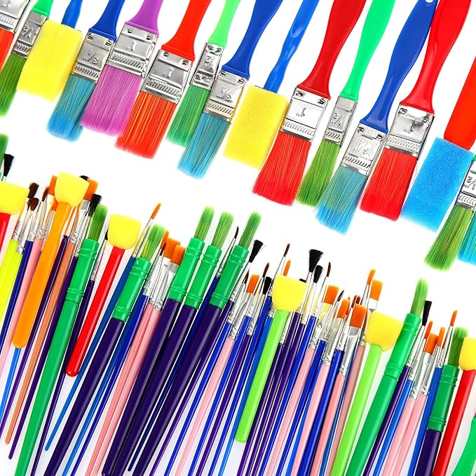 Lincia 90 Pcs All Purpose Paint Brush Set Bulk for Acrylic and Washable Paints, Easy to Clean and Hold, Round and Flat Kids Brushes, Great with Watercolors