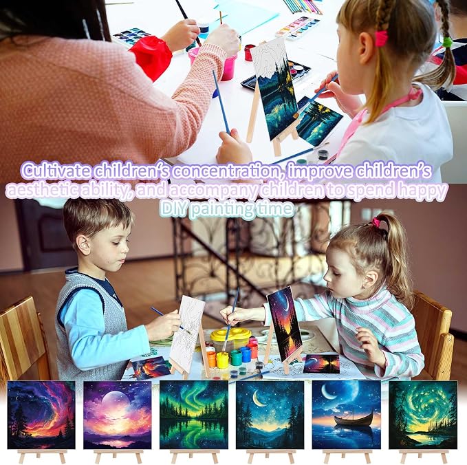 Tenceur 12 Sets Pre Drawn Canvas to Paint Adult Stretched Coloring Painting Canvas Panels with Design Easel and Brushes for Party Supplies Beginner Favor(Starry Aurora)