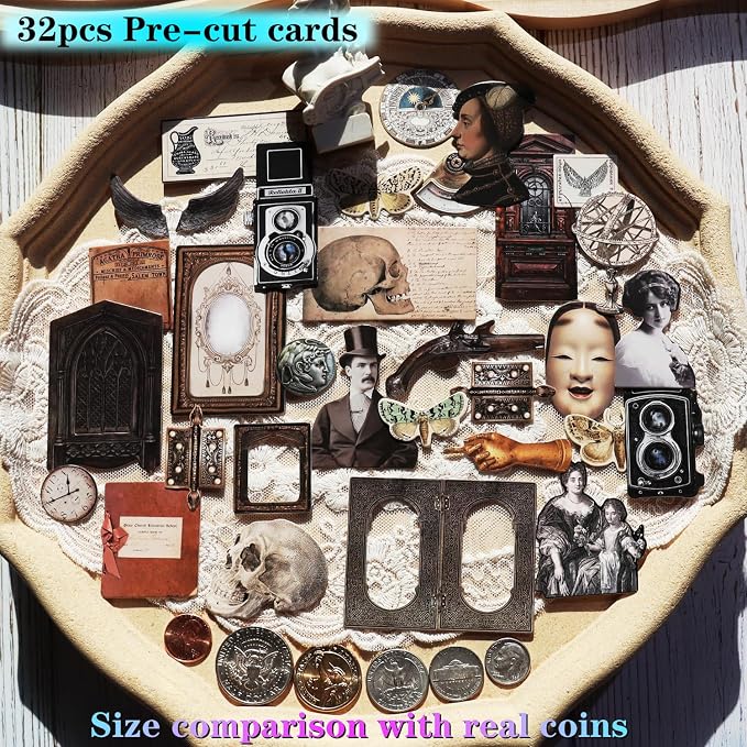 CATaireen Vintage Junk Journal Items Kit Pre Cut Paper Cards Cutout Cardstock Art Aesthetic Decor Hollow Out Craft Elements Small Embellishments Supplies for Adults Scrapbook Pack (Characters)